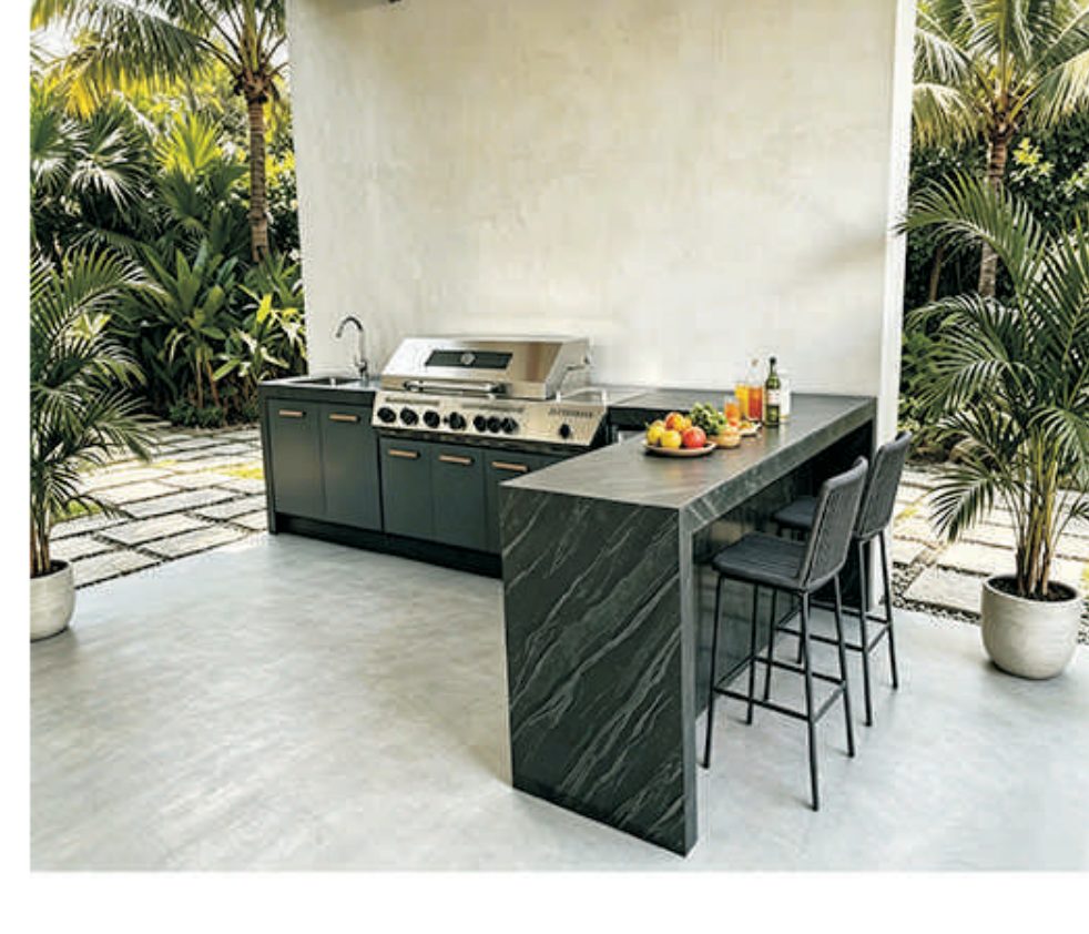 Dark stainless steel outdoor kitchen island with breakfast bar