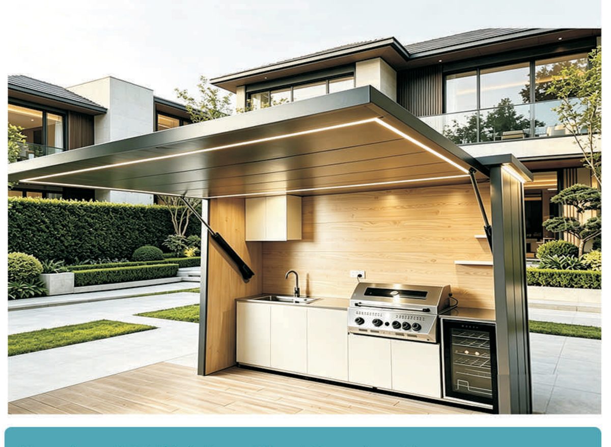 White outdoor kitchen under aluminium pergola with built-in BBQ grill