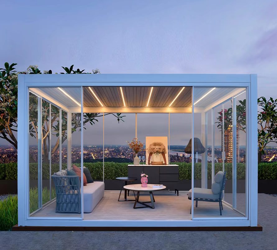 Pergola enclosure with ultra-slim sliding glass doors and LED lighting