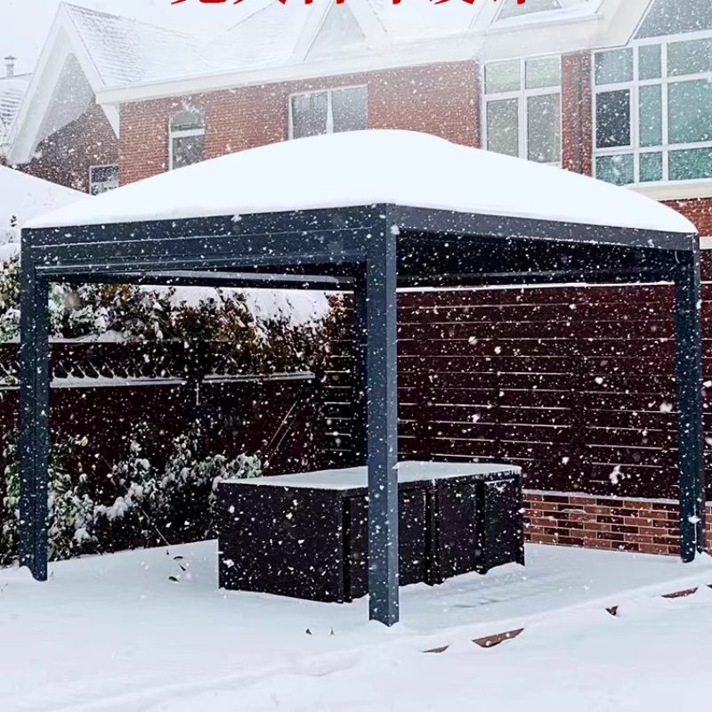 Louvered pergola in winter snow - wind and snow resistant outdoor structure